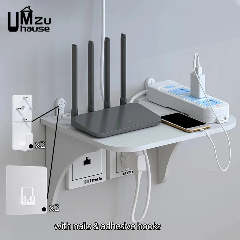Wall Mount Floating Shelf WiFi Router Storage Removable Hidden Bracket TV Set Top Box Hanging Holder No Drill Hooks Organizer