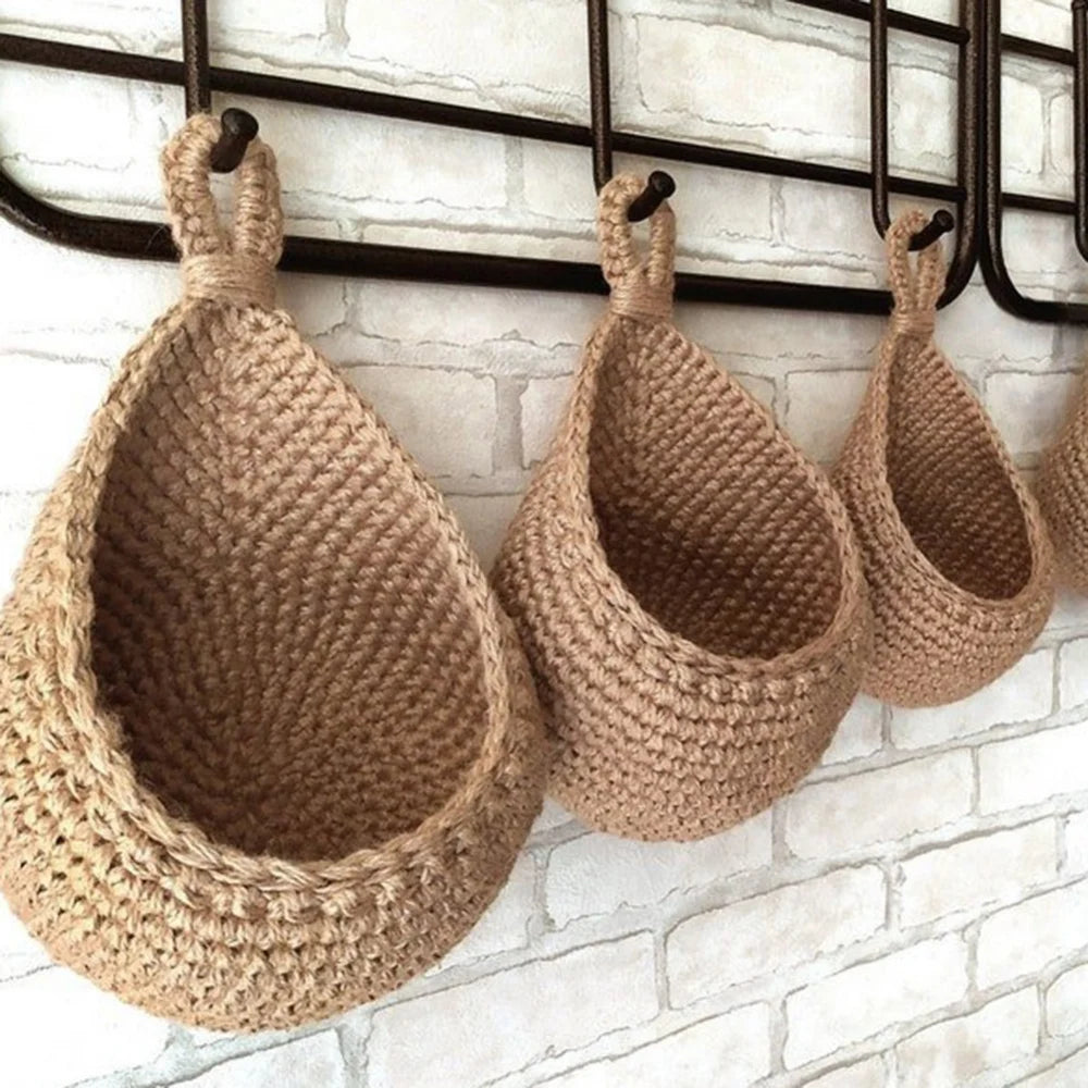XS-2XL Handwoven Wall Hanging Fruit Vegetable Basket Teardrop Plant Basket Kitchen Table Wall Hanging Storage Basket Container