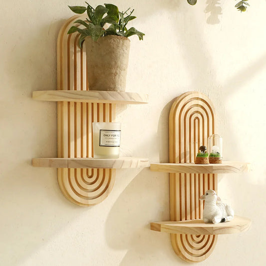 Wooden Wall Mounted Shelves, Boho Style Rack, Modern Home Decor for Living Room, Bathroom Display Decoration ﻿