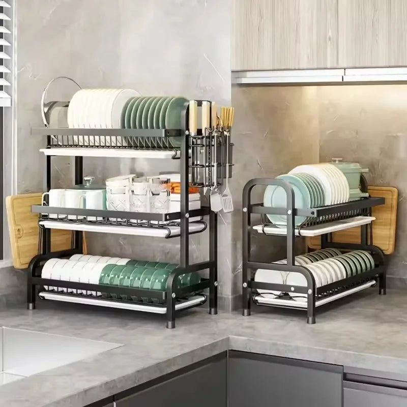 Dish Drying Rack Bowl Racks Large Rust-proof Dish Drainer with Utensil Holder 3 Layer Secure Kitchen Utensil Storage Drainboard
