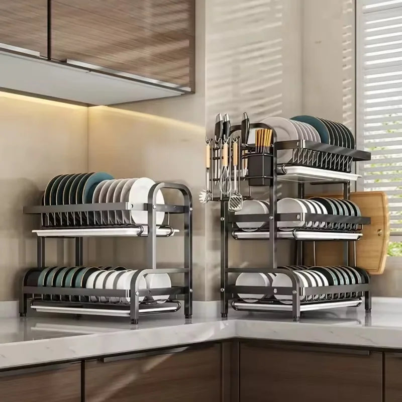Dish Drying Rack Bowl Racks Large Rust-proof Dish Drainer with Utensil Holder 3 Layer Secure Kitchen Utensil Storage Drainboard