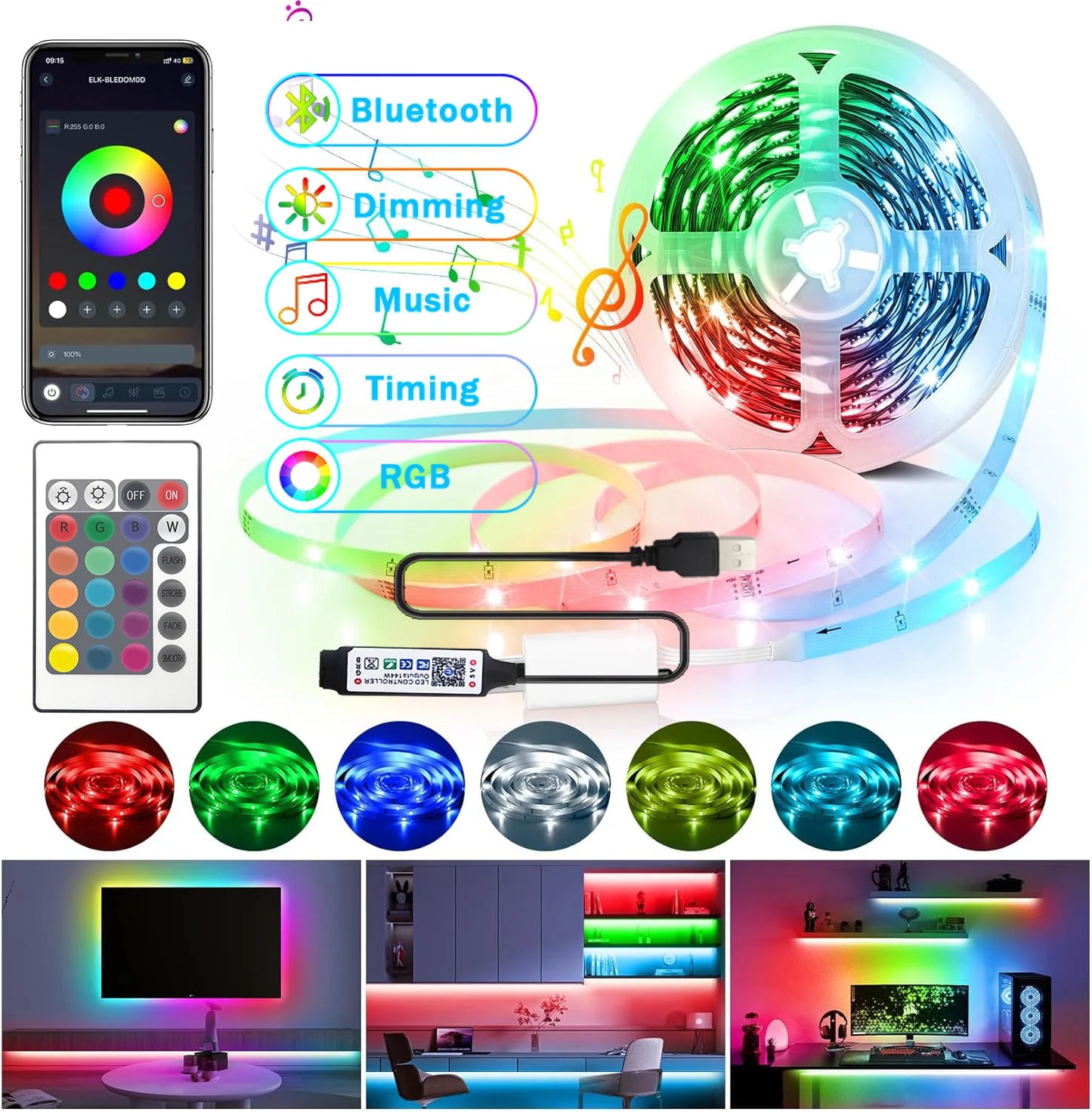 LED Strip Lights 5M 10M 20M 30M Dimmable 5050 RGB LED Lights Strips APP Control,Music Sync Color Changing TV LED Backlight
