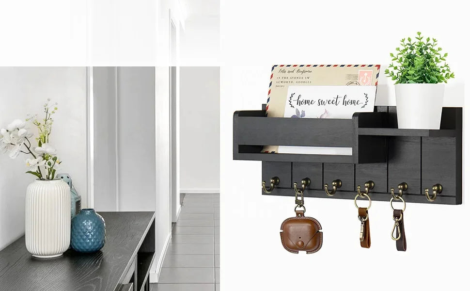 Decorative Rustic Wood Wall Shelf Key & Mail Organizer featuring 6 Hooks Perfect for Living Room Entryway