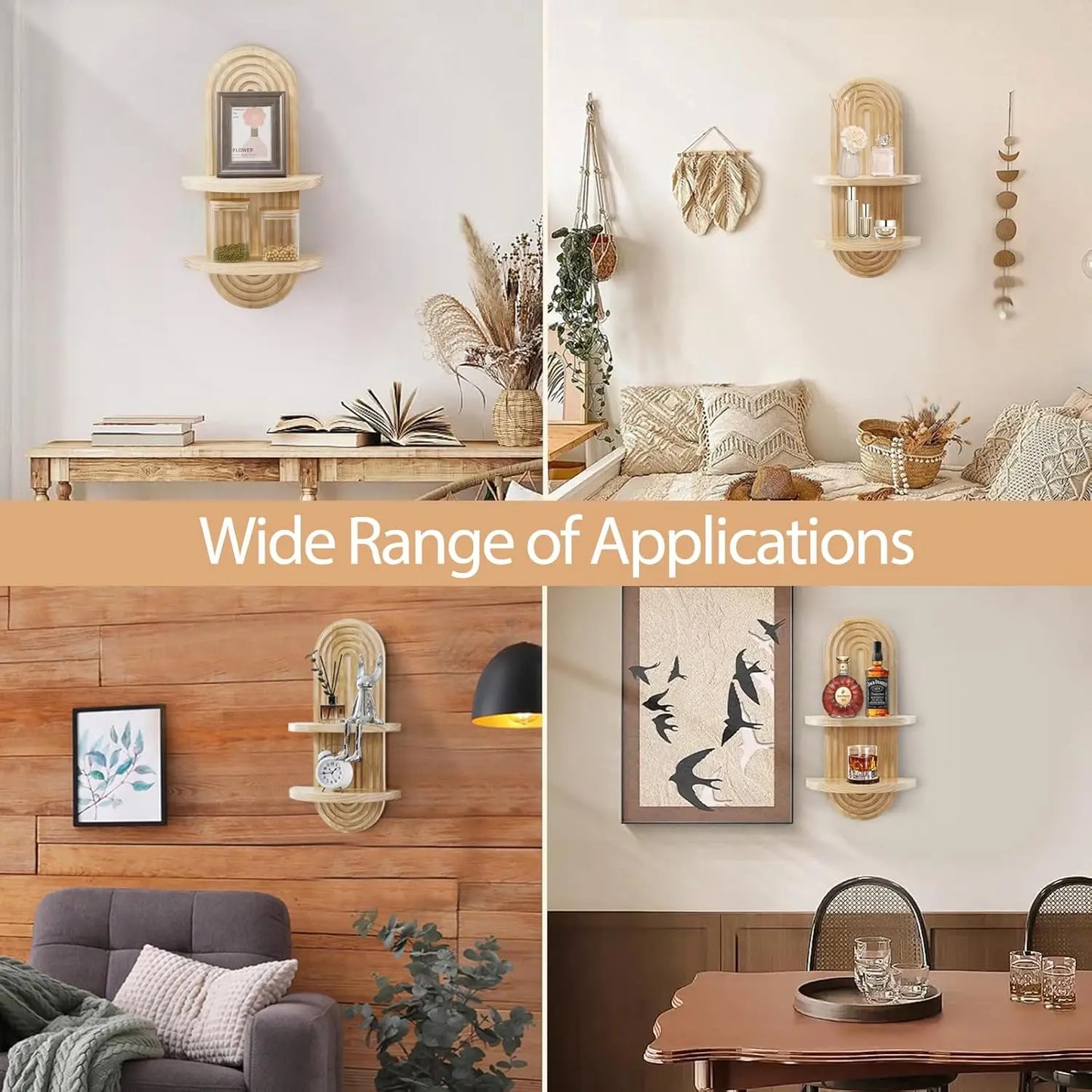 Wooden Wall Mounted Shelves, Boho Style Rack, Modern Home Decor for Living Room, Bathroom Display Decoration ﻿