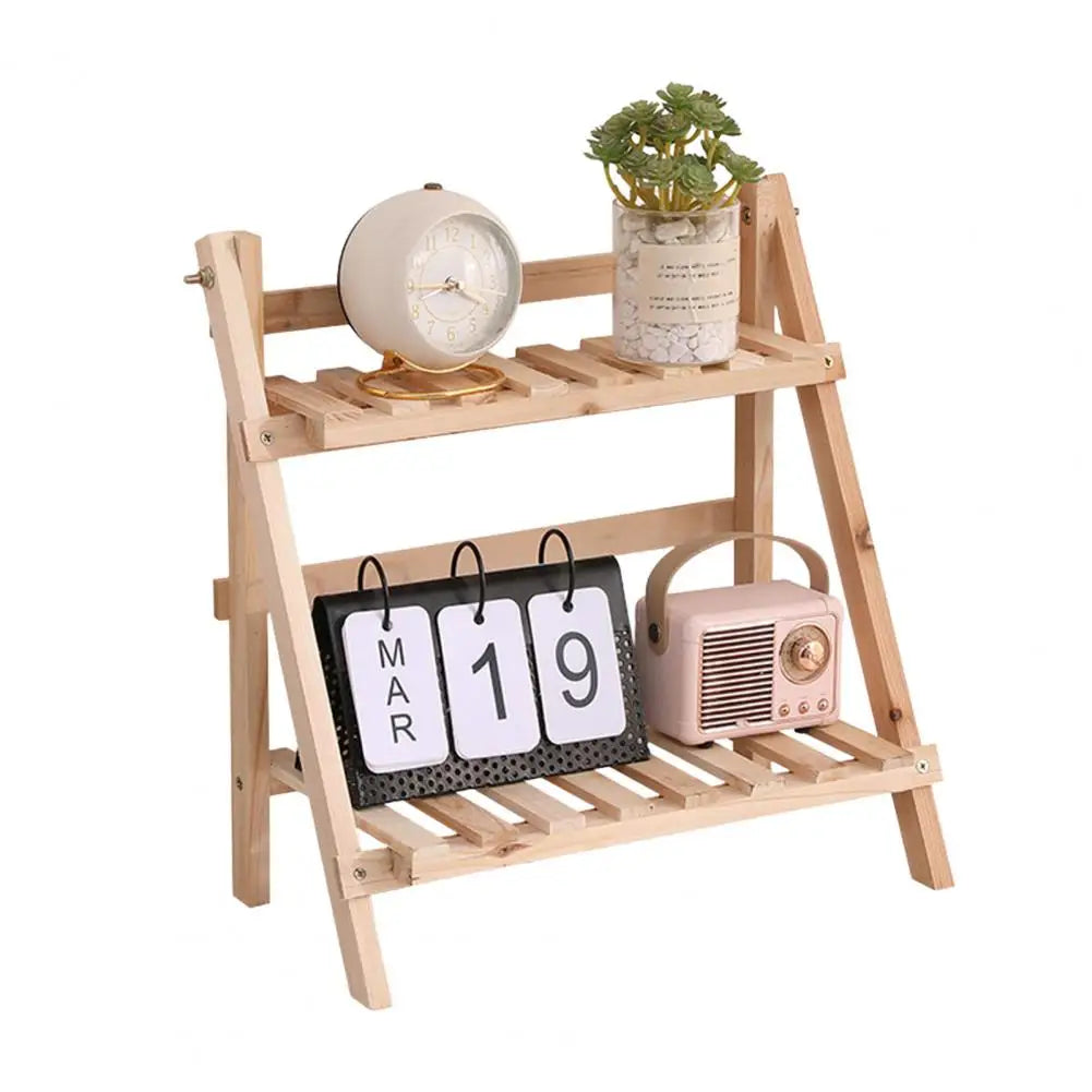 Small Wooden Plant Stand Foldable Wooden Desktop Storage Rack Double Layer Design for Plants Decorative Items Smooth Edge Burr