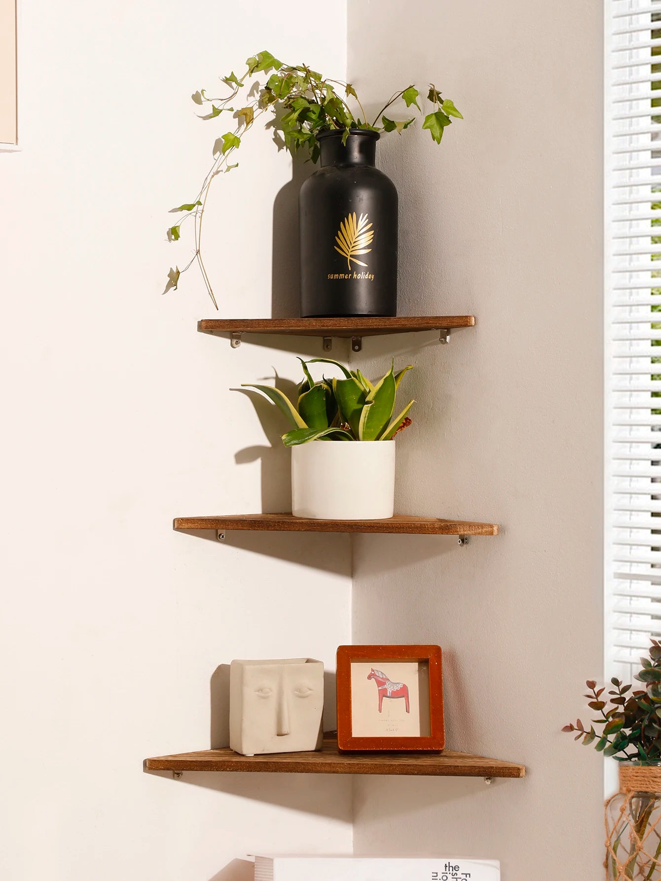 Charcoal Burnt Wooden Corner Shelf Wood Floating Shelf Dsiplay Stand Home Appliance Book Flower Pot Holder Living Room Art Gift