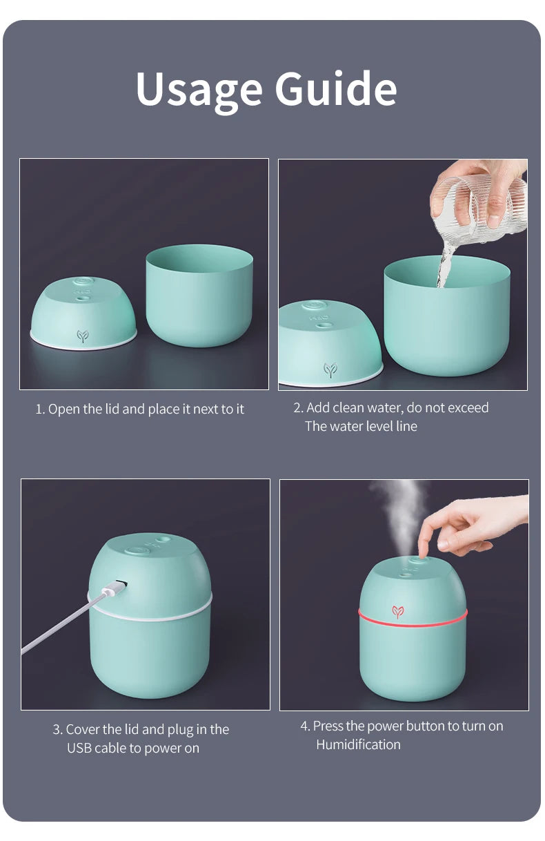 Portable USB Ultrasonic Air Mini Humidifier Essential Oil Diffuser Car Purifier Aroma Anion Mist Maker with LED Lamp Lighting