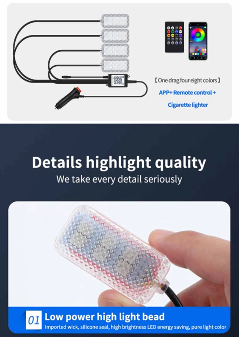 LED Car Interior Ambient Foot Strip Light Kit Accessories Backlight Remote App Music Control Auto RGB Decorative Lamp