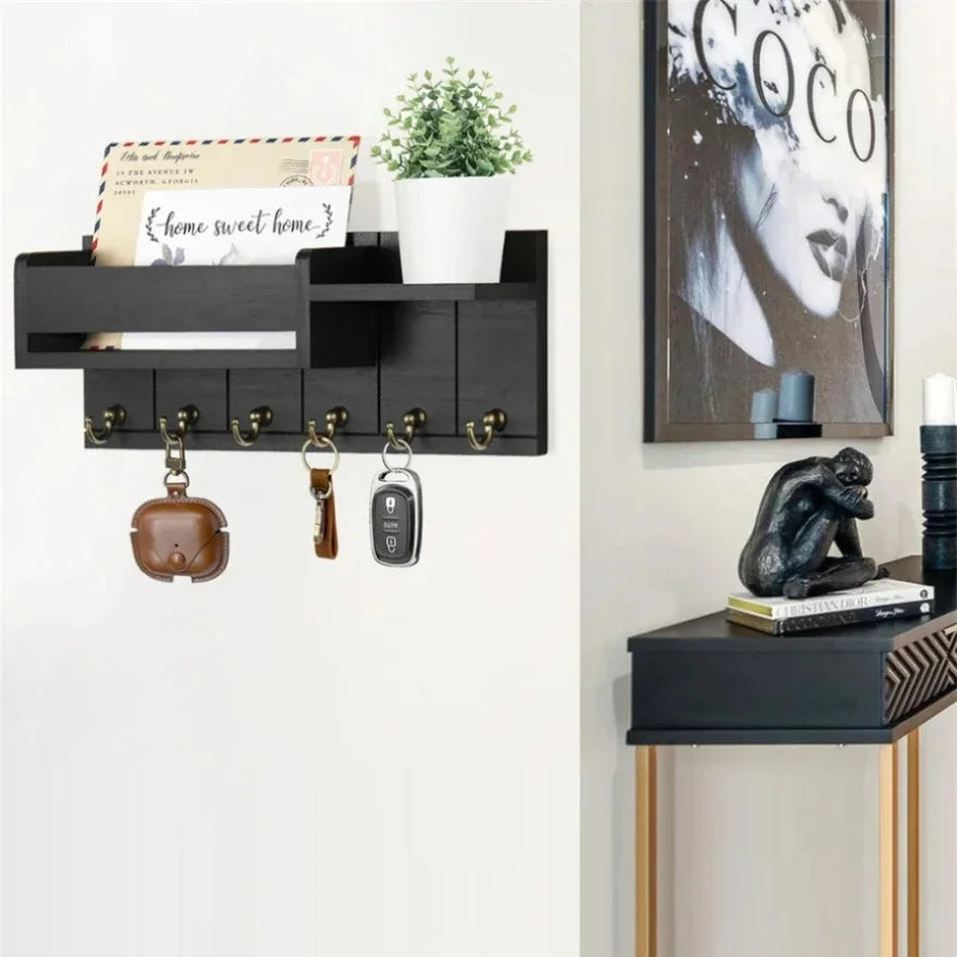 Decorative Rustic Wood Wall Shelf Key & Mail Organizer featuring 6 Hooks Perfect for Living Room Entryway