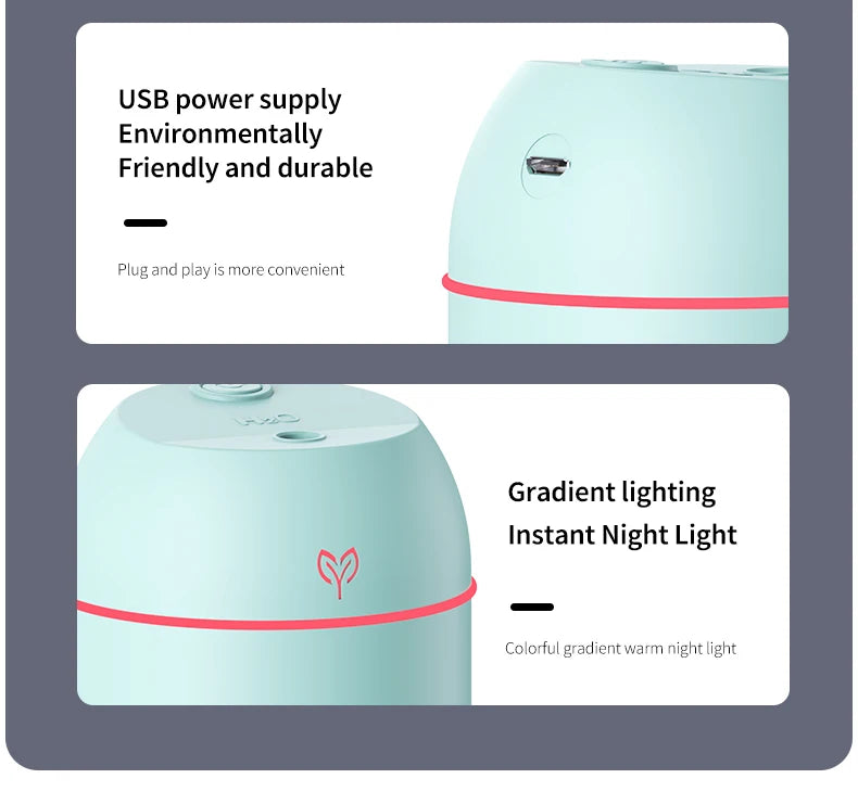 Portable USB Ultrasonic Air Mini Humidifier Essential Oil Diffuser Car Purifier Aroma Anion Mist Maker with LED Lamp Lighting