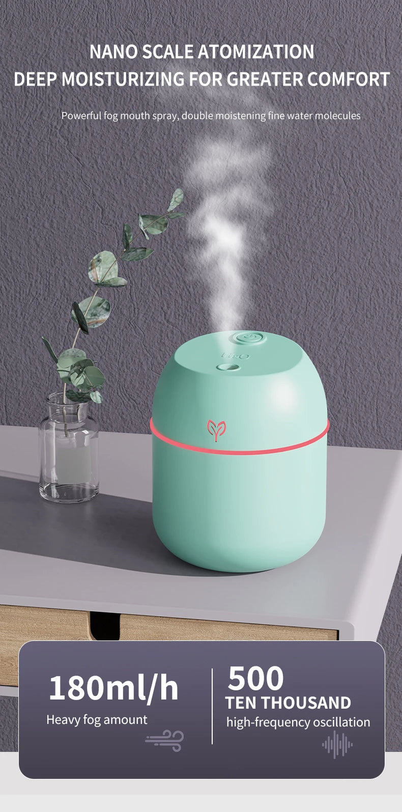 Portable USB Ultrasonic Air Mini Humidifier Essential Oil Diffuser Car Purifier Aroma Anion Mist Maker with LED Lamp Lighting