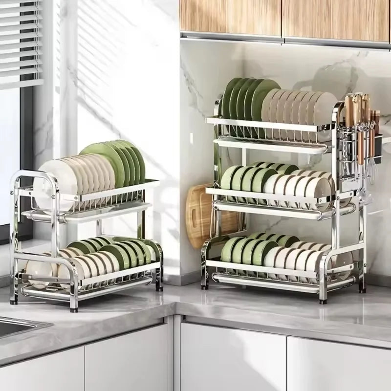 Dish Drying Rack Bowl Racks Large Rust-proof Dish Drainer with Utensil Holder 3 Layer Secure Kitchen Utensil Storage Drainboard