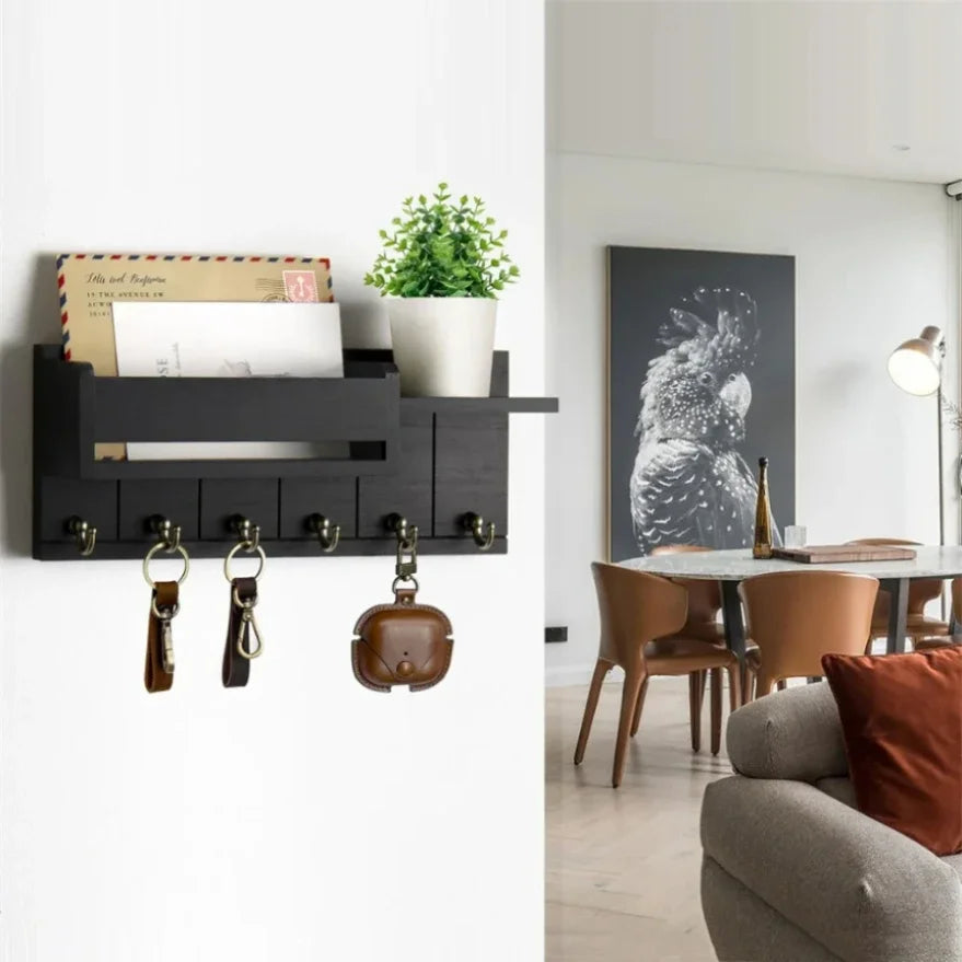 Decorative Rustic Wood Wall Shelf Key & Mail Organizer featuring 6 Hooks Perfect for Living Room Entryway