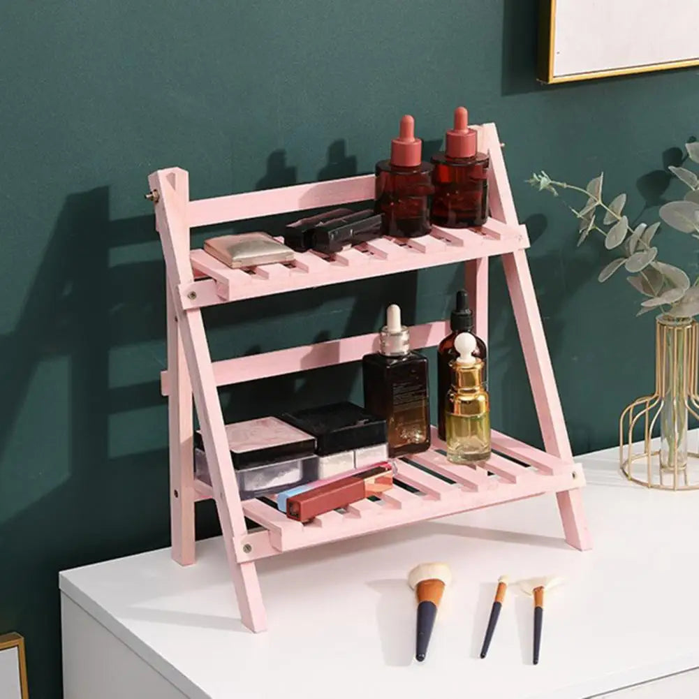 Small Wooden Plant Stand Foldable Wooden Desktop Storage Rack Double Layer Design for Plants Decorative Items Smooth Edge Burr