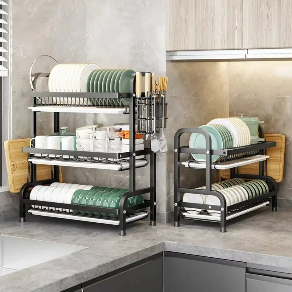 Dish Drying Rack Bowl Racks Large Rust-proof Dish Drainer with Utensil Holder 3 Layer Secure Kitchen Utensil Storage Drainboard