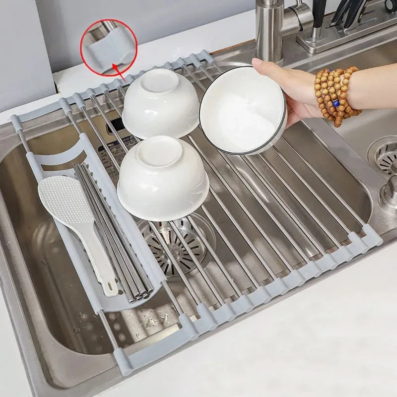 Kitchen Foldable Sink Plate Storage Bowl Holder 304 Stainless Kitchen Dish Drying Rack Dish Drainer Shelf Kitchen Accessories
