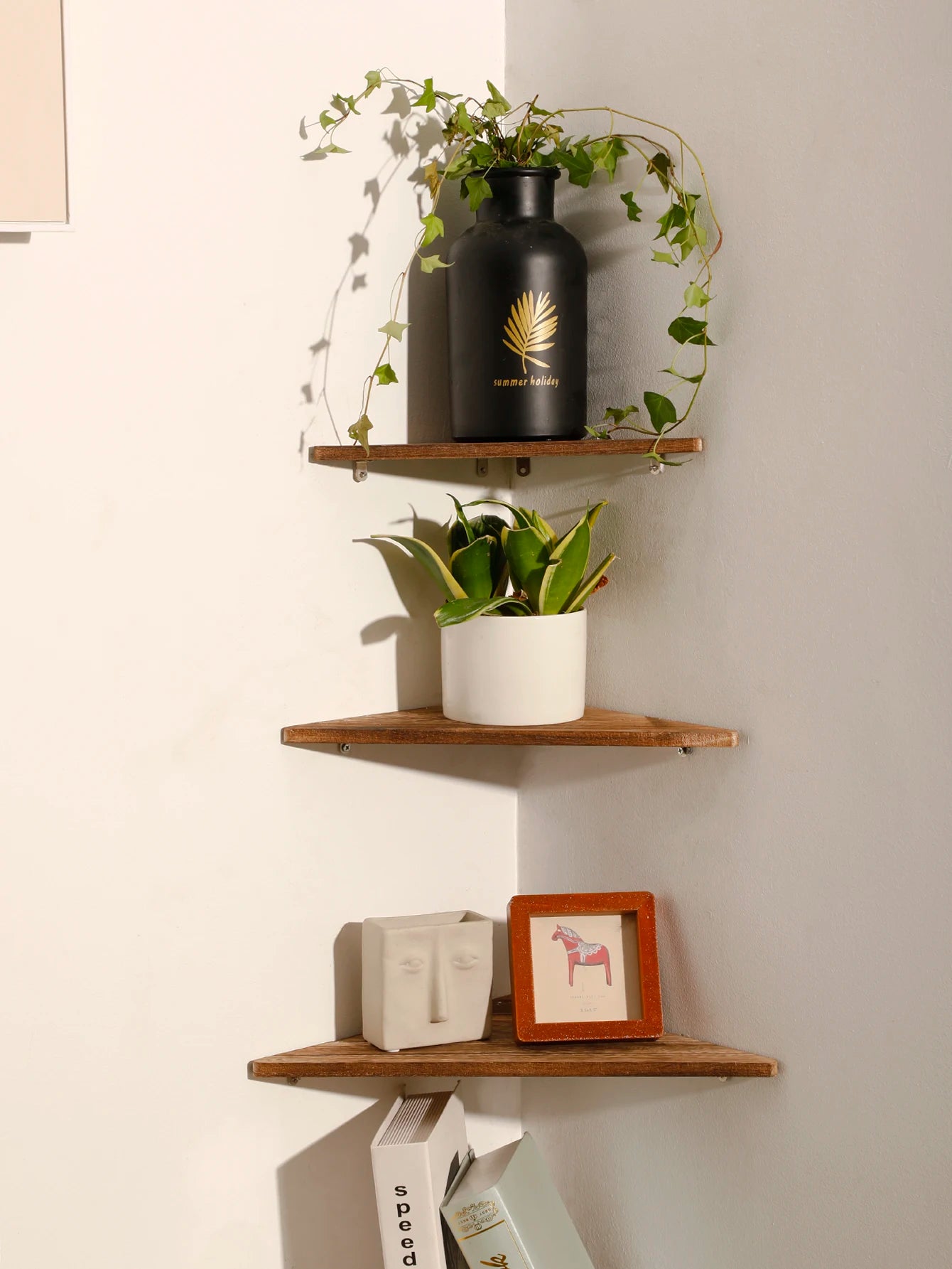 Charcoal Burnt Wooden Corner Shelf Wood Floating Shelf Dsiplay Stand Home Appliance Book Flower Pot Holder Living Room Art Gift