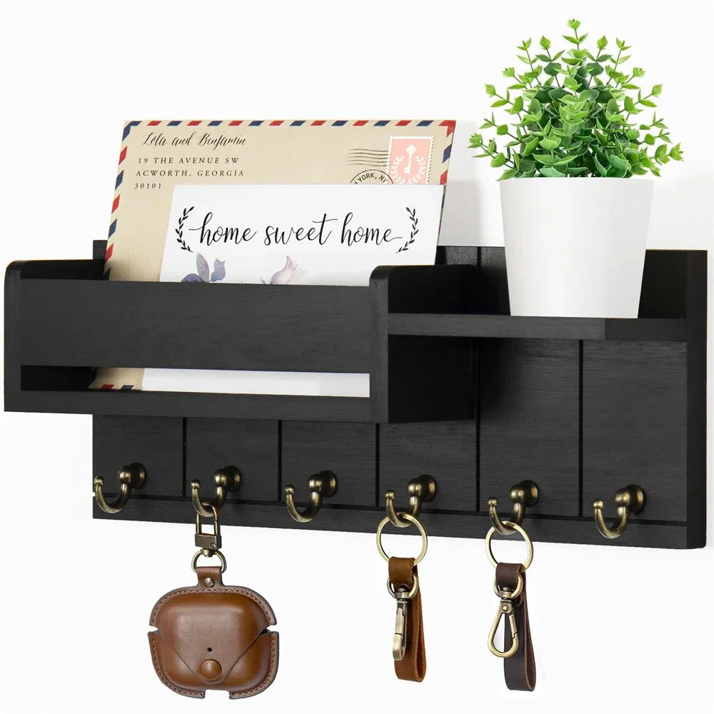 Decorative Rustic Wood Wall Shelf Key & Mail Organizer featuring 6 Hooks Perfect for Living Room Entryway