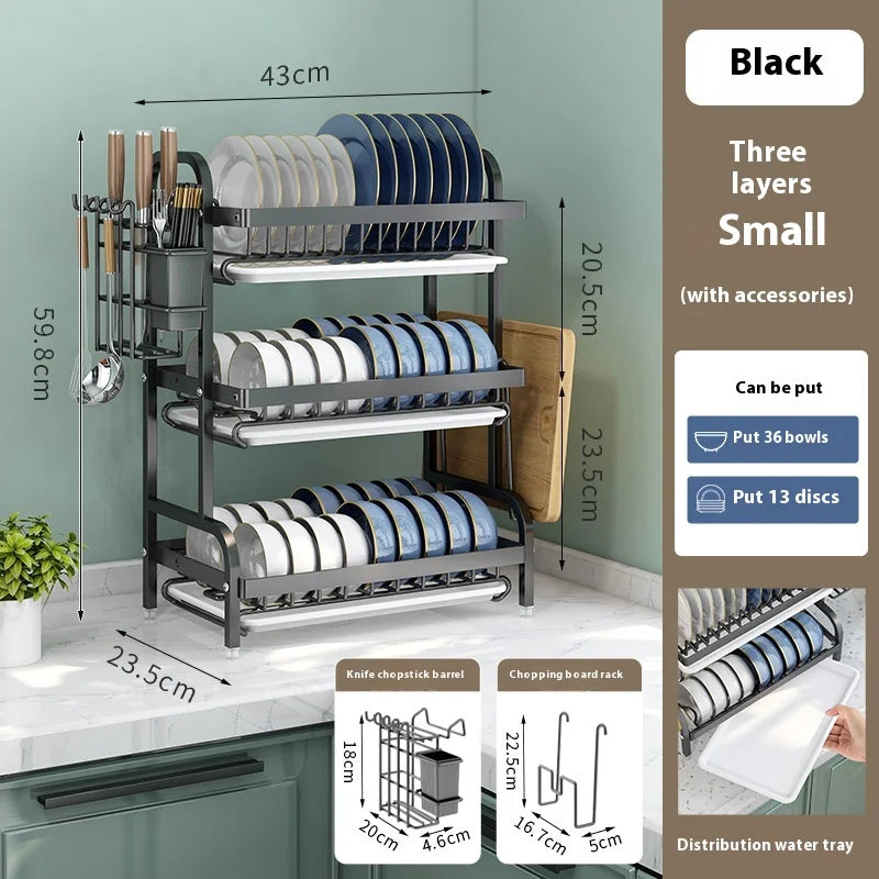 Dish Drying Rack Bowl Racks Large Rust-proof Dish Drainer with Utensil Holder 3 Layer Secure Kitchen Utensil Storage Drainboard
