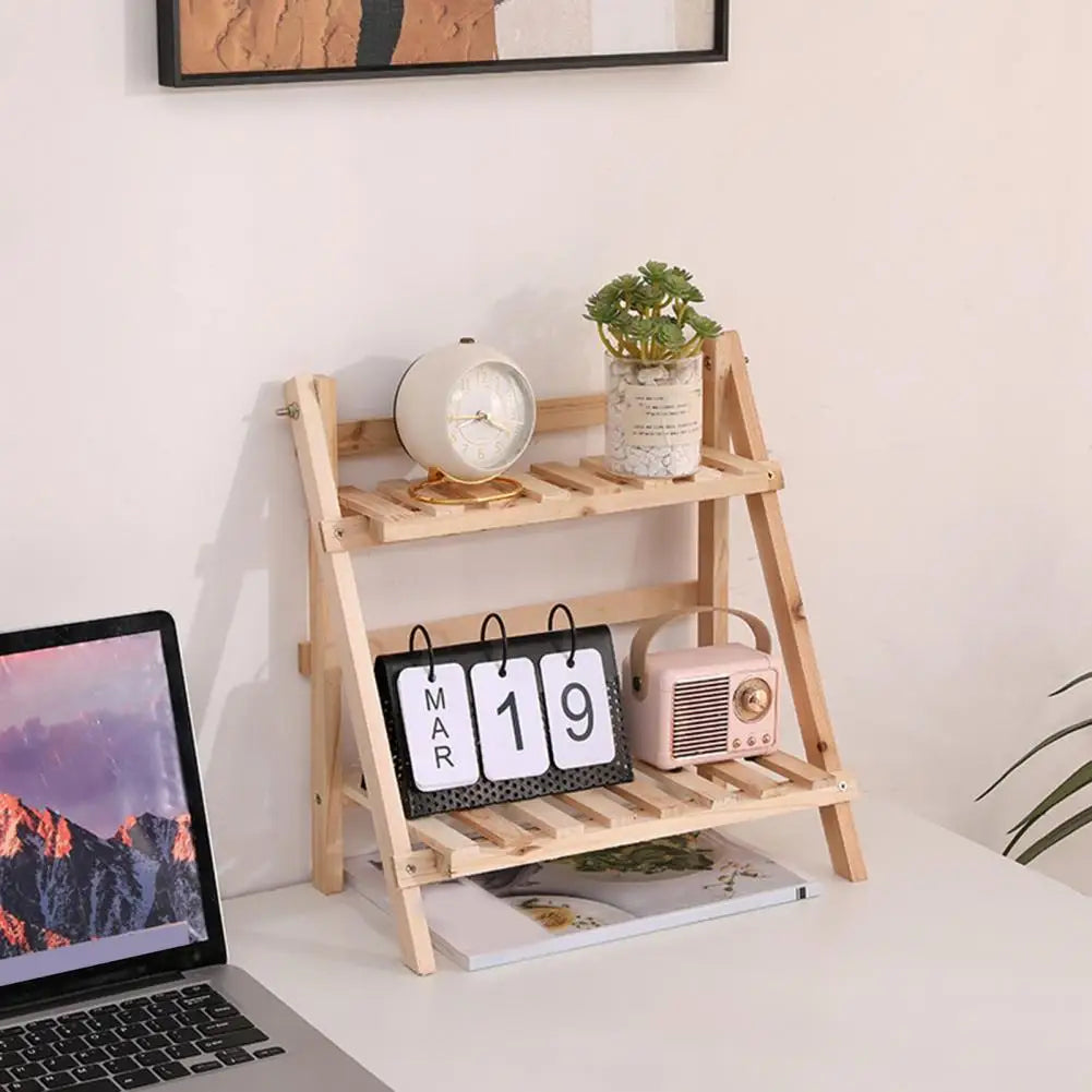 Small Wooden Plant Stand Foldable Wooden Desktop Storage Rack Double Layer Design for Plants Decorative Items Smooth Edge Burr