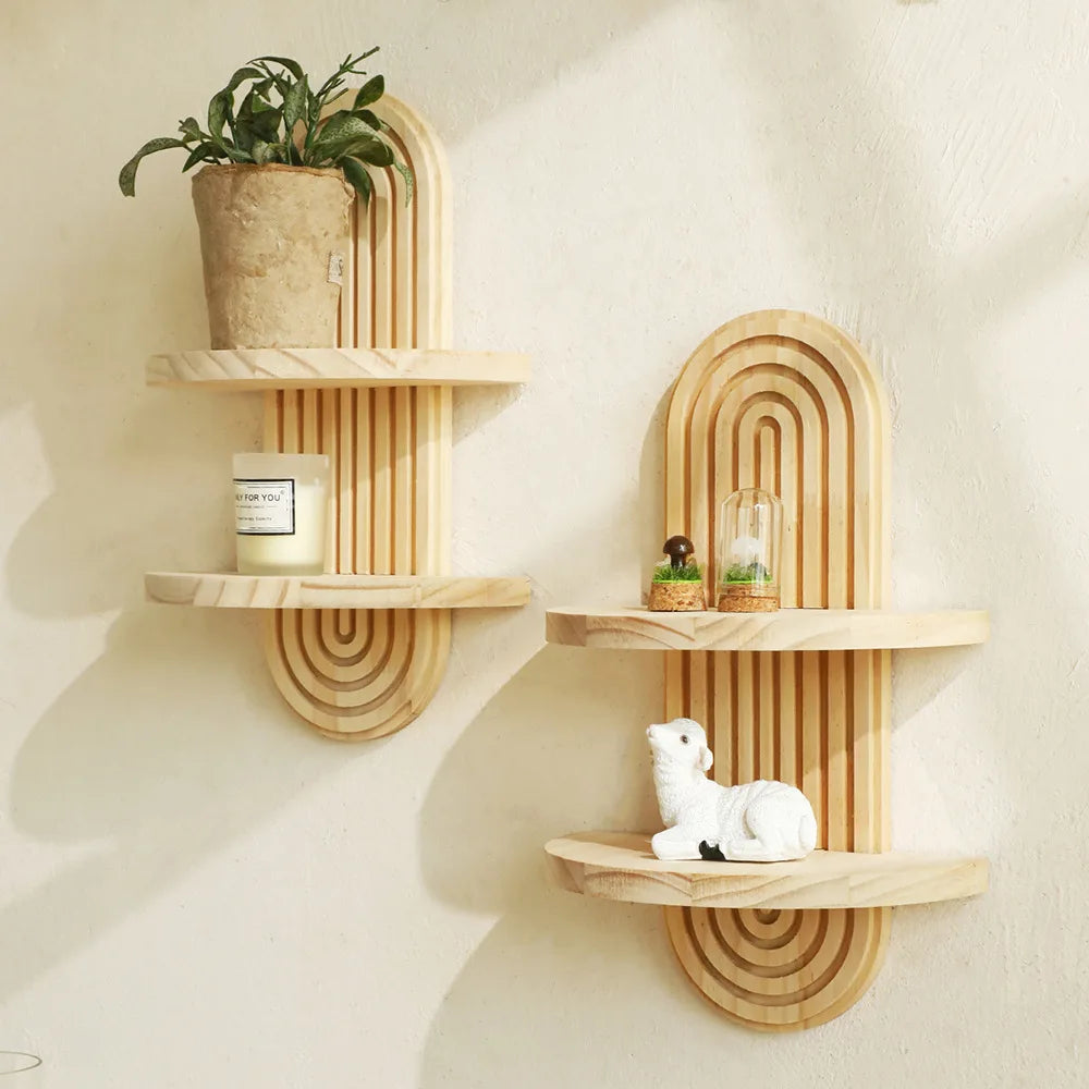 Wooden Wall Mounted Shelves, Boho Style Rack, Modern Home Decor for Living Room, Bathroom Display Decoration ﻿
