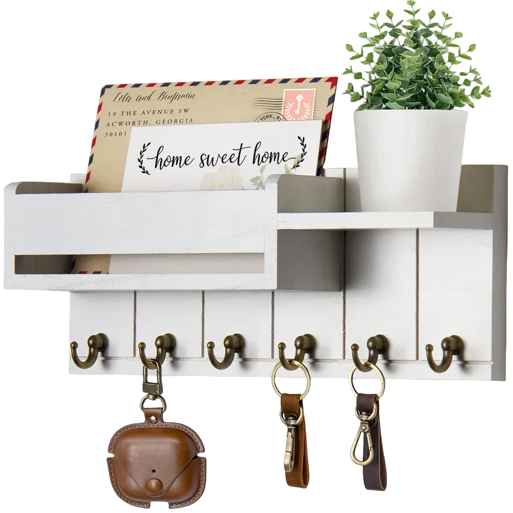 Decorative Rustic Wood Wall Shelf Key & Mail Organizer featuring 6 Hooks Perfect for Living Room Entryway