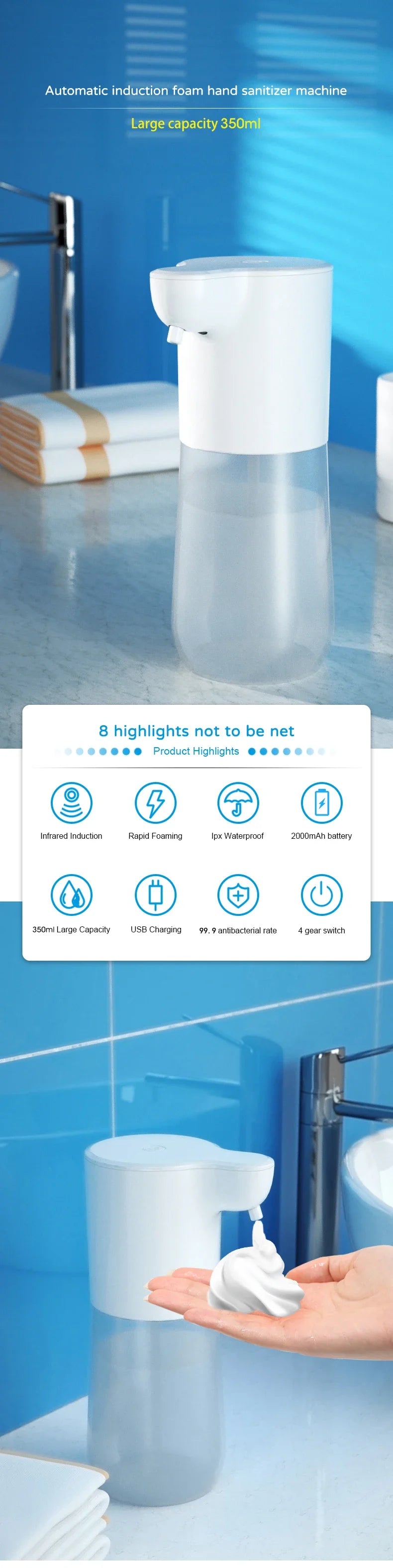 NEW 2000mAh USB Charging Automatic Induction Foam Soap Dispenser Smart Infrared Touchless Hand Washer For Kitchen Bathroom