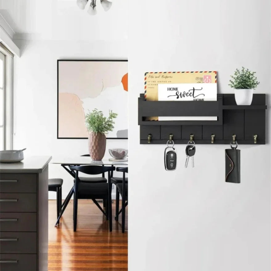Decorative Rustic Wood Wall Shelf Key & Mail Organizer featuring 6 Hooks Perfect for Living Room Entryway