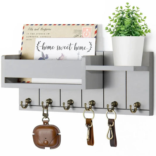 Decorative Rustic Wood Wall Shelf Key & Mail Organizer featuring 6 Hooks Perfect for Living Room Entryway