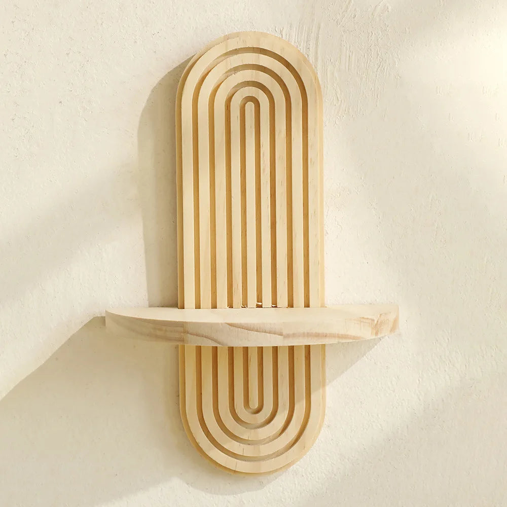 Wooden Wall Mounted Shelves, Boho Style Rack, Modern Home Decor for Living Room, Bathroom Display Decoration ﻿