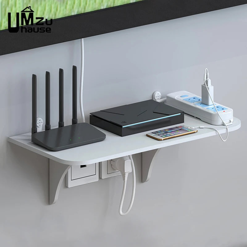 Wall Mount Floating Shelf WiFi Router Storage Removable Hidden Bracket TV Set Top Box Hanging Holder No Drill Hooks Organizer