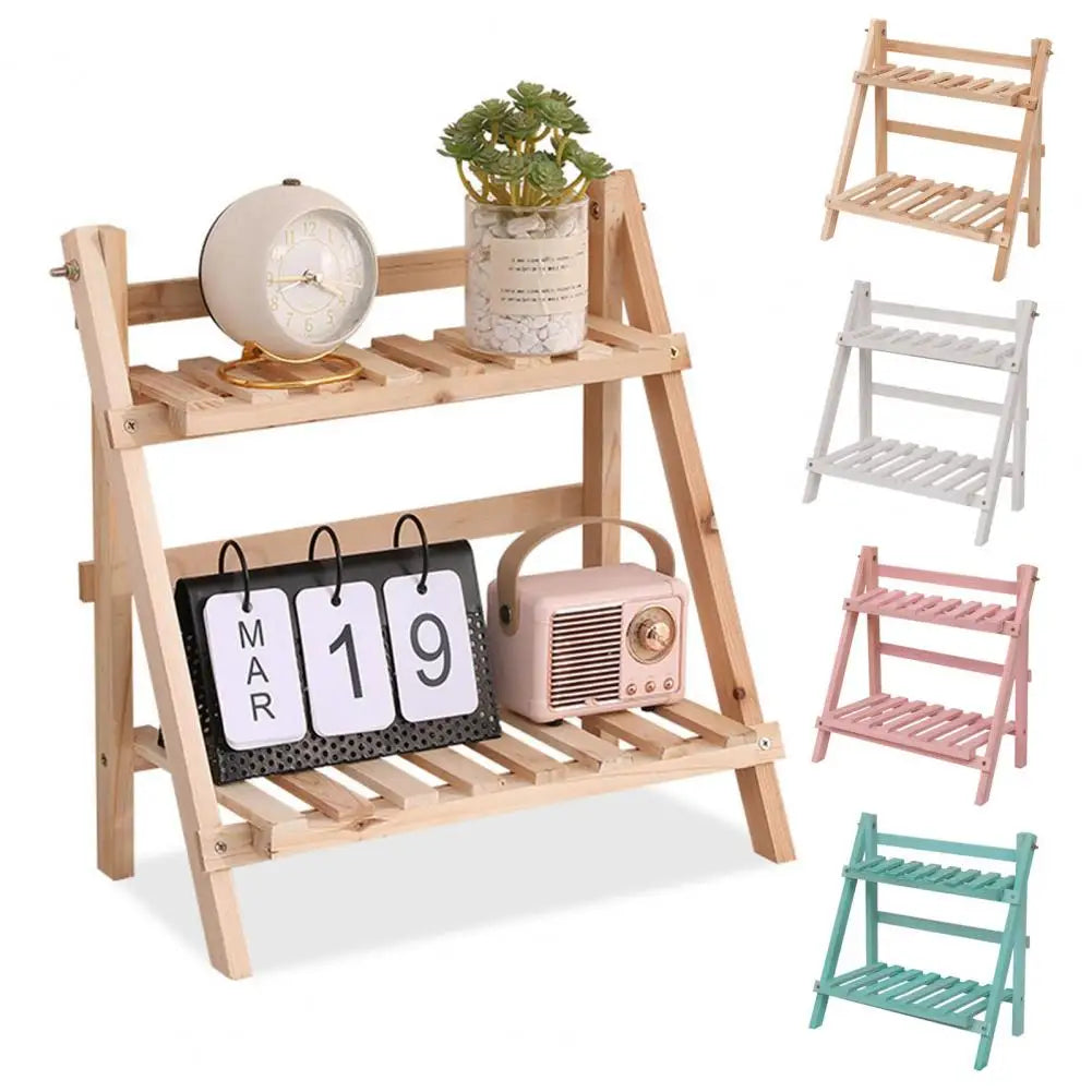 Small Wooden Plant Stand Foldable Wooden Desktop Storage Rack Double Layer Design for Plants Decorative Items Smooth Edge Burr