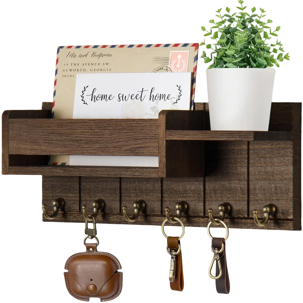 Decorative Rustic Wood Wall Shelf Key & Mail Organizer featuring 6 Hooks Perfect for Living Room Entryway