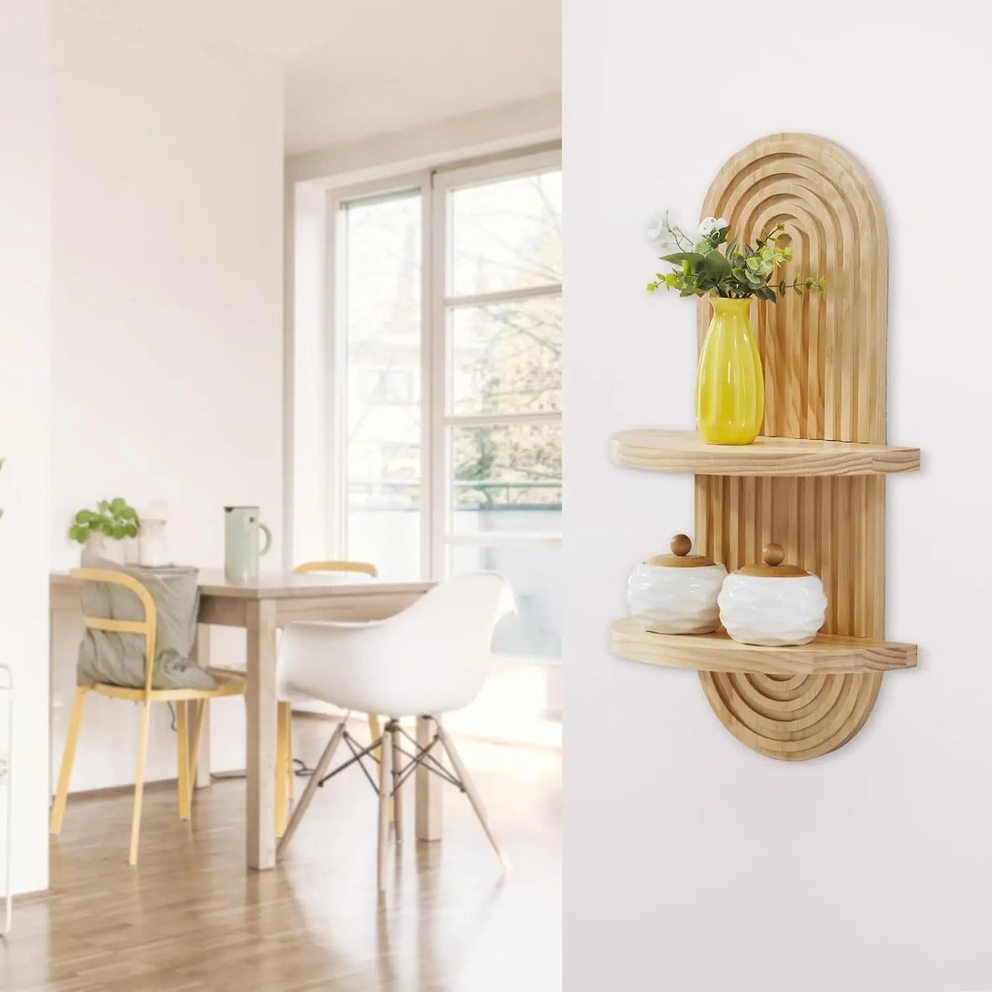 Wooden Wall Mounted Shelves, Boho Style Rack, Modern Home Decor for Living Room, Bathroom Display Decoration ﻿