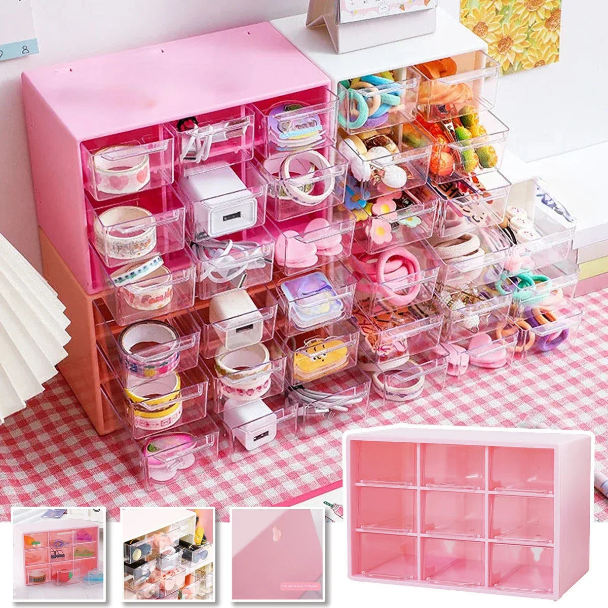 Transparent Small Drawer 9 Grids Desktop Storage Boxes Organizer Partitioned Student Desk Wall-mounted Sundries Storage Box Cute